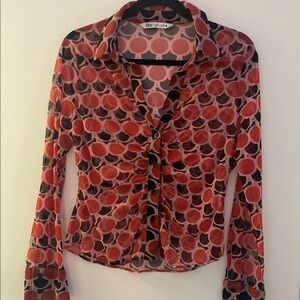Zara Red and Black Sheer Button-Up Blouse
